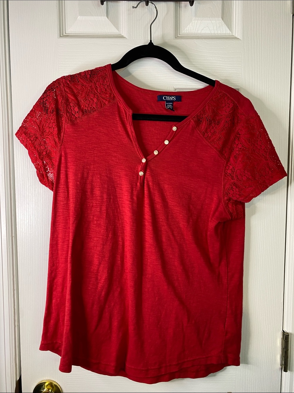 Chaps Red Short-Sleeve Lace Shoulder Henley Top Size XLarge.